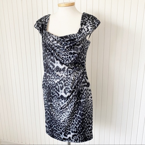 NWT Tadashi Shoji Grey & Black Animal Print Cocktail Dress Cap Sleeve Size 10 - Picture 16 of 16